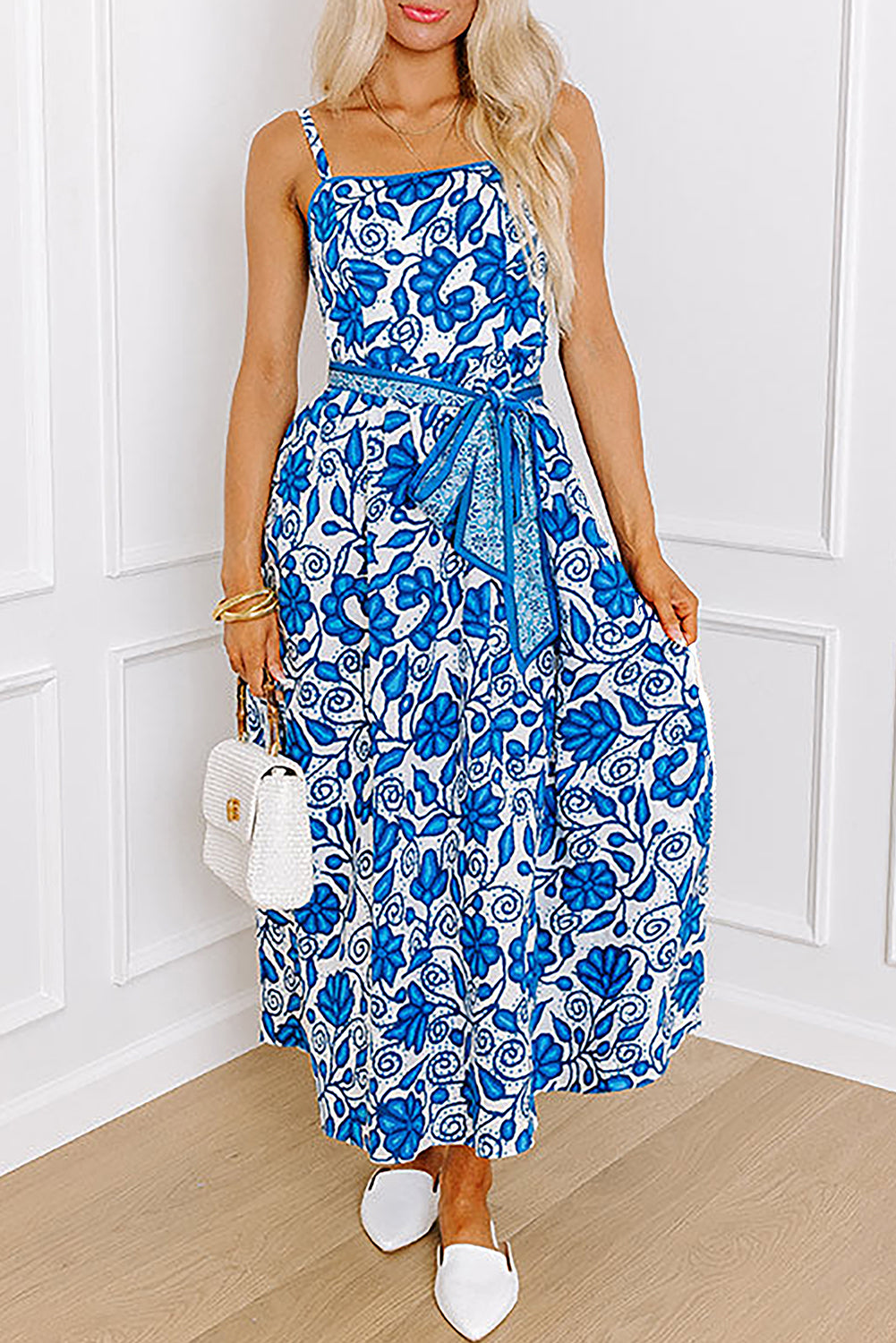 Blue Floral Printed Spaghetti Strap Maxi Dress with Waist Tie Floral Dresses JT's Designer Fashion