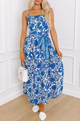 Blue Floral Printed Spaghetti Strap Maxi Dress with Waist Tie Floral Dresses JT's Designer Fashion