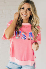 Peach Blossom USA Color Block High Low Crew Neck T Shirt Graphic Tees JT's Designer Fashion