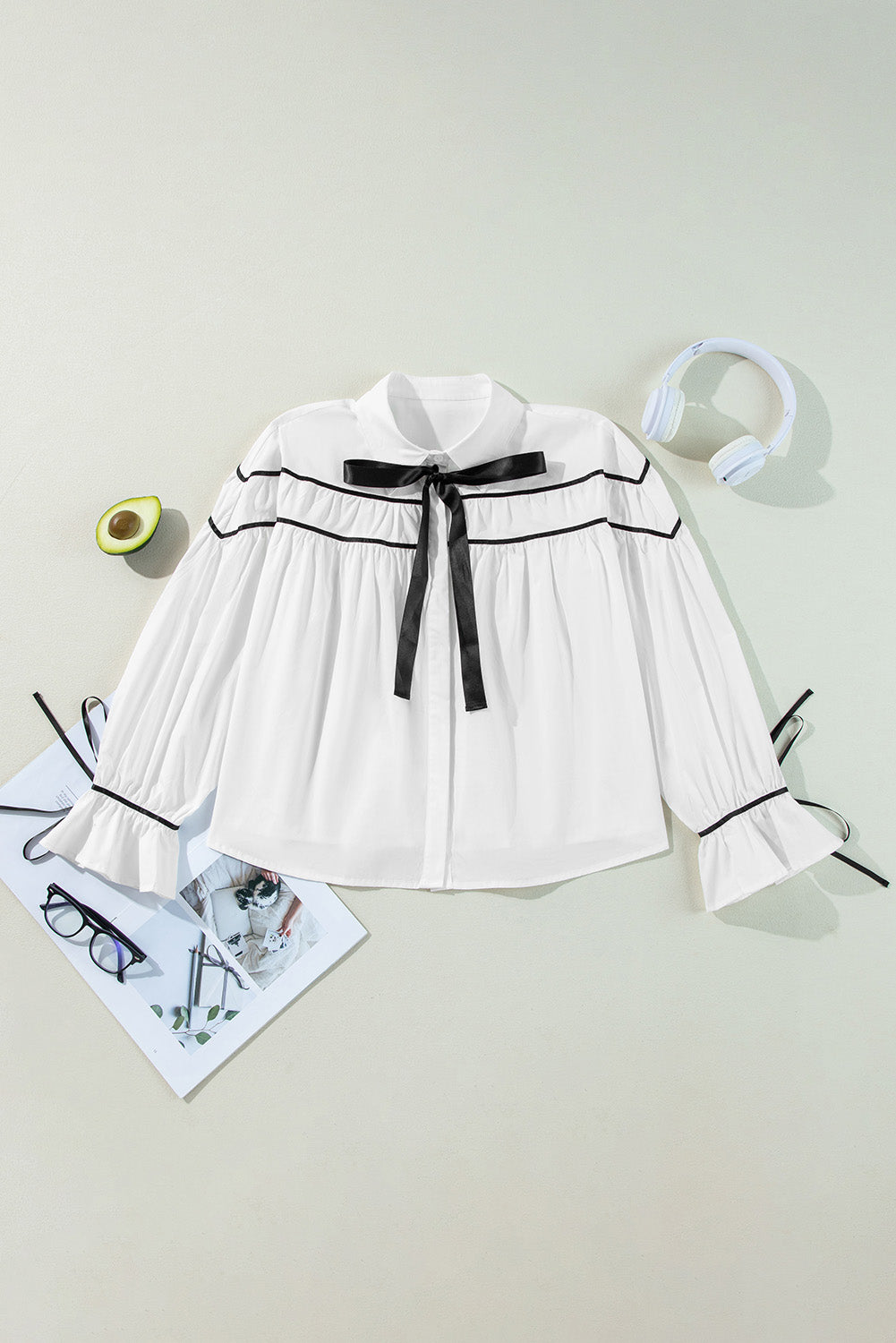 White Black Pipping Ribbon Bowtie Collared Ruffled Puff Sleeve Shirt Blouses & Shirts JT's Designer Fashion