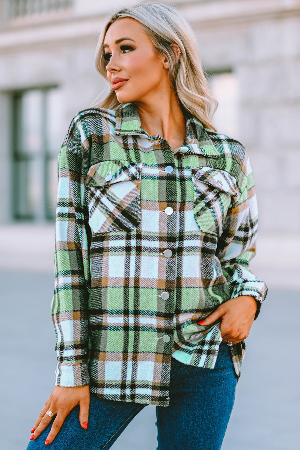 Green Geometric Plaid Print Pocketed Shacket Plaid Shackets JT's Designer Fashion