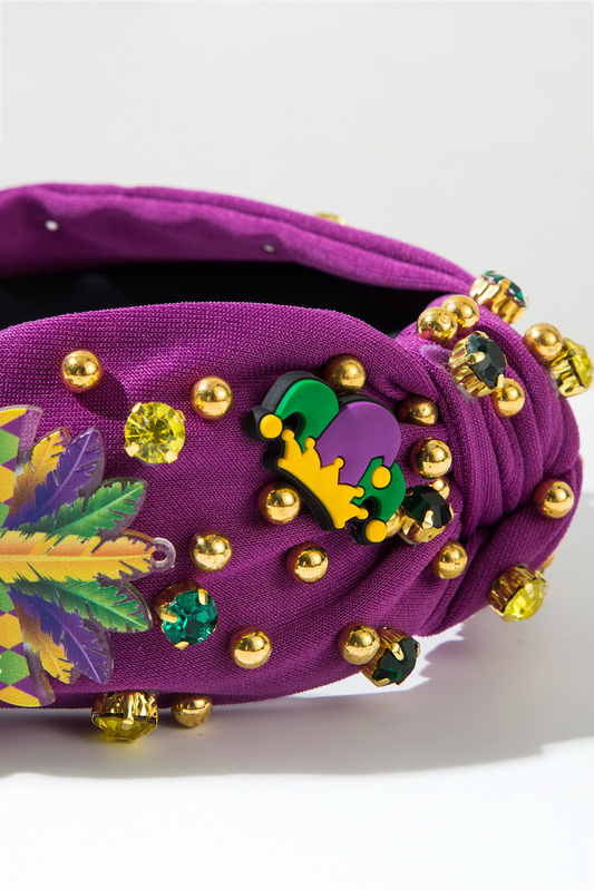 Tillandsia Purple Mardi Gras Rhinestone Beaded Knotted Wide Headband Headwear JT's Designer Fashion