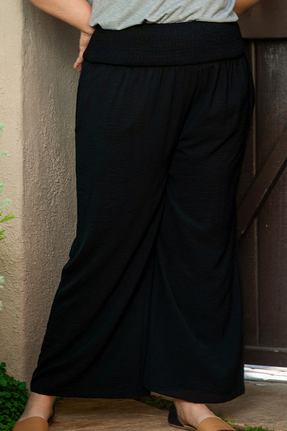 Black Shirred High Waist Plus Size Wide Leg Pants Plus Size Bottoms JT's Designer Fashion