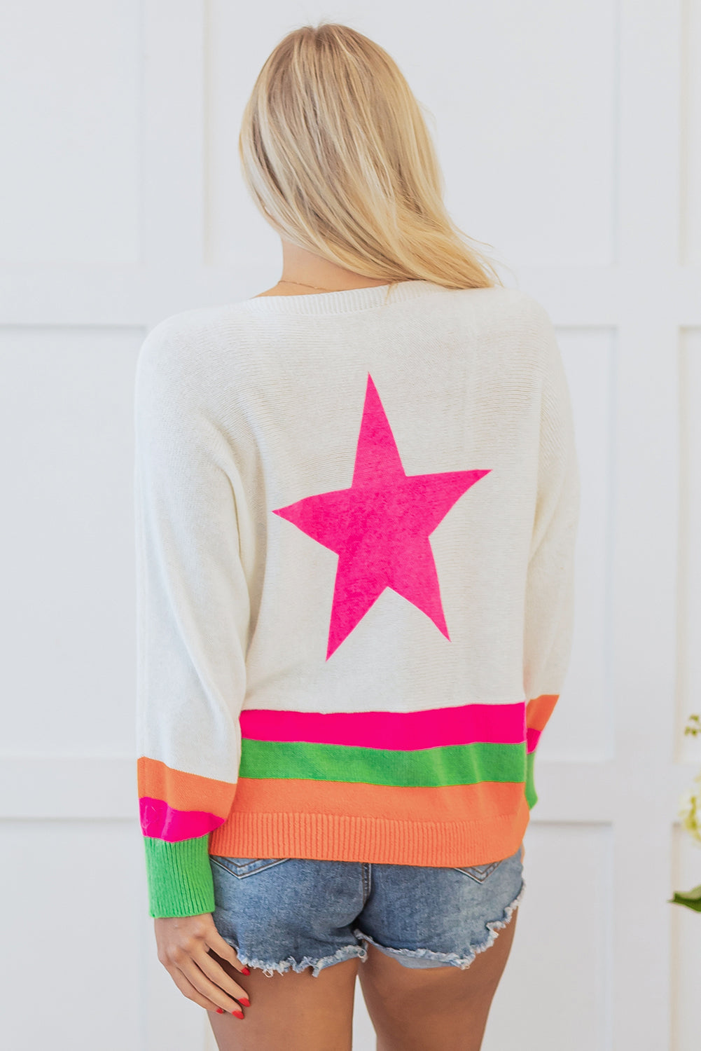 White Star Pattern Colorblock Striped Edge Drop Shoulder Sweater Sweaters JT's Designer Fashion