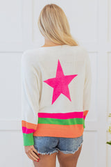 White Star Pattern Colorblock Striped Edge Drop Shoulder Sweater Sweaters JT's Designer Fashion