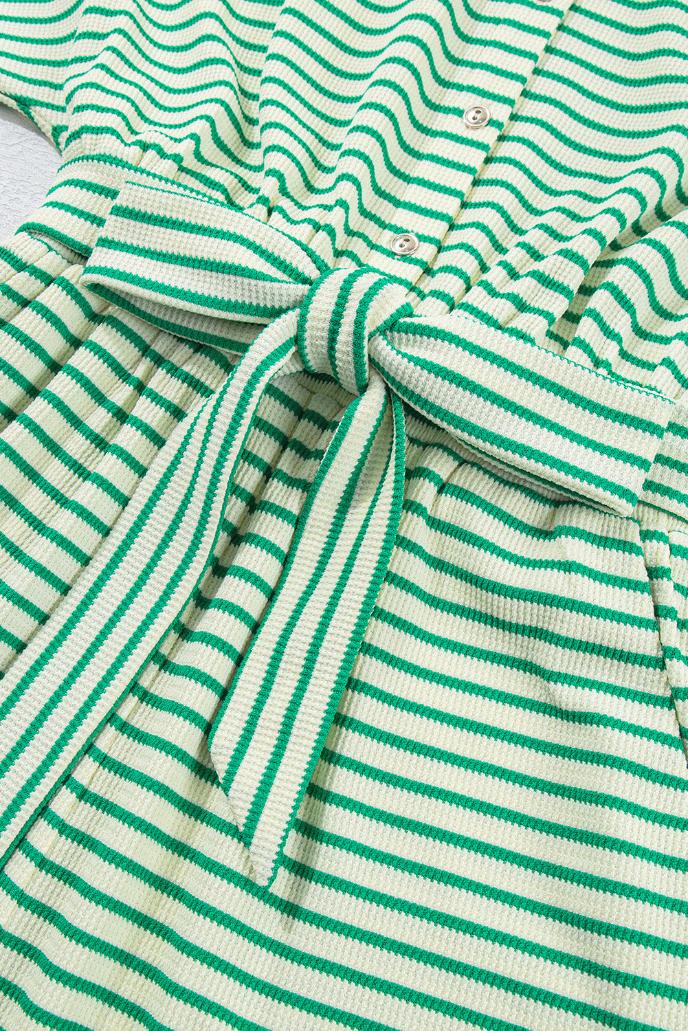 Green Stripe Textured Short Sleeve Collared Buttoned Waist Tie Romper Jumpsuits & Rompers JT's Designer Fashion