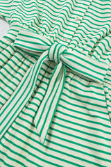 Green Stripe Textured Short Sleeve Collared Buttoned Waist Tie Romper Jumpsuits & Rompers JT's Designer Fashion