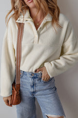White Fleece Placket Turn-down Collar Drop Shoulder Sweatshirt Sweatshirts & Hoodies JT's Designer Fashion