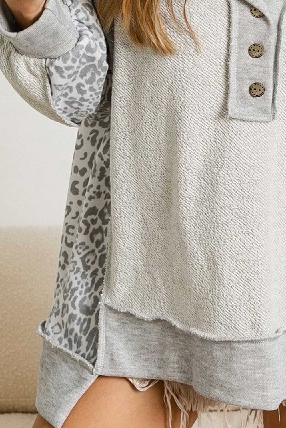 Gray Leopard Patchwork Exposed Seam Buttoned Neck Sweatshirt Sweatshirts & Hoodies JT's Designer Fashion