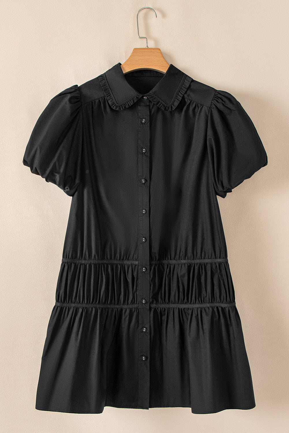 Black Shirt Style Button Down Puff Sleeve Ruffle Hem Dress Mini Dresses JT's Designer Fashion