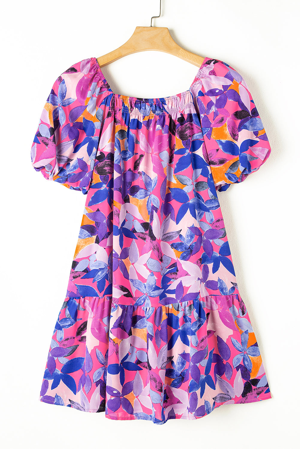 Purple Flower Print Short Puff Sleeve Ruffled Dress Floral Dresses JT's Designer Fashion