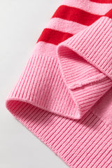 Pink Stripe Bubble Sleeve Drop Shoulder Ribbed Trim Sweater Sweaters JT's Designer Fashion