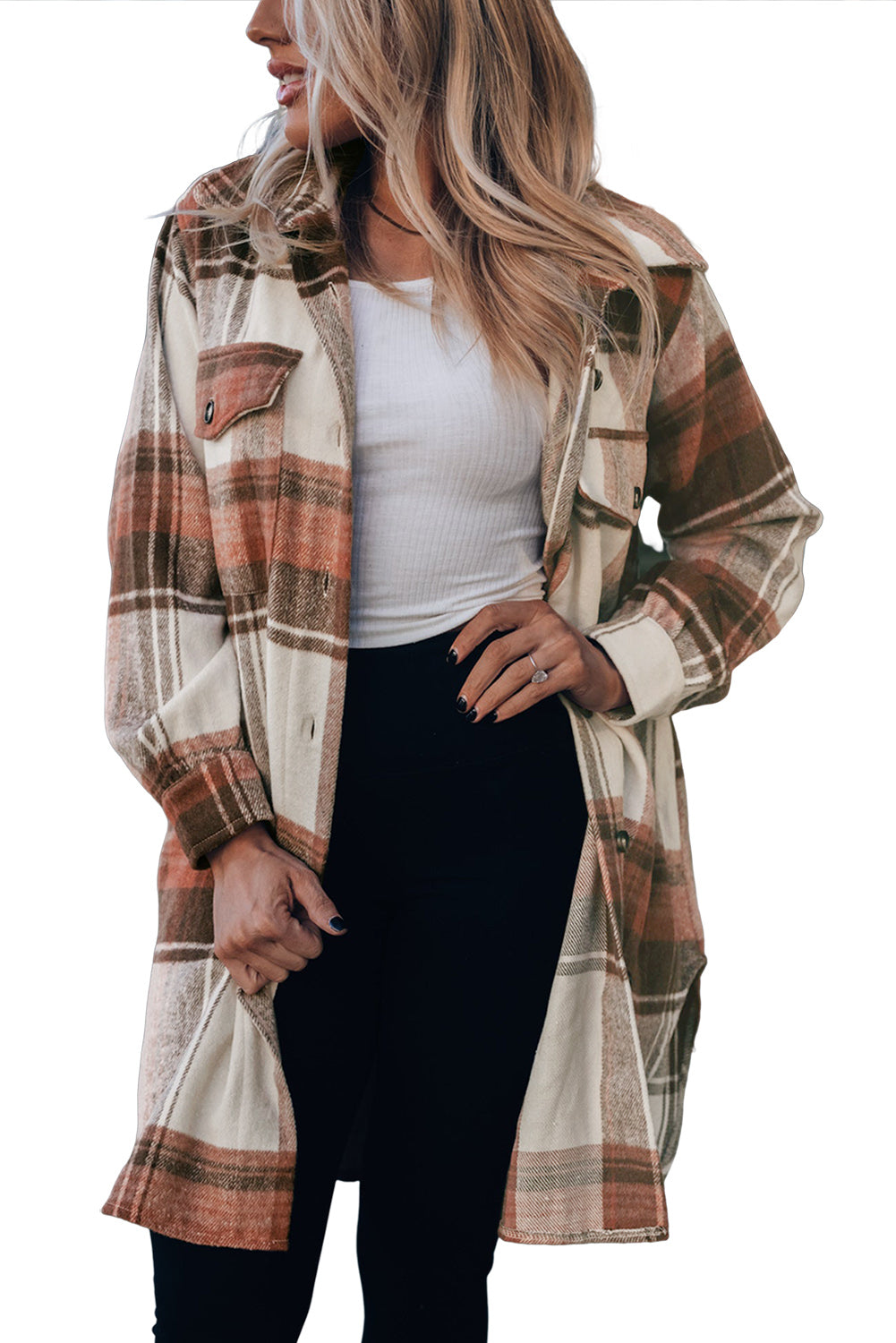 Brown Plaid Print Flap Pockets Long Shacket Plaid Shackets JT's Designer Fashion