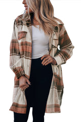 Brown Plaid Print Flap Pockets Long Shacket Plaid Shackets JT's Designer Fashion