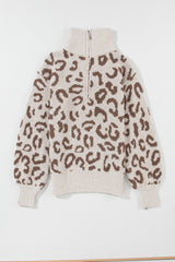 Gray Animal Print Zipped Collared Sweater Sweaters JT's Designer Fashion