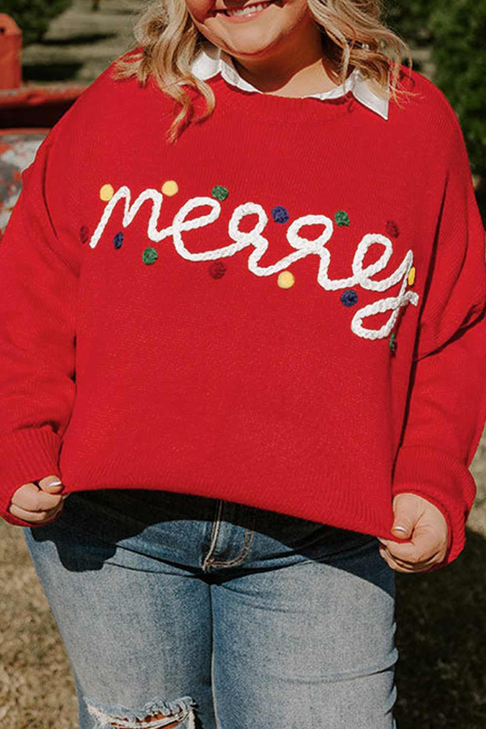 Fiery Red Merry Graphic Christmas Plus Size Sweater Fiery Red 50%Viscose+28%Polyester+22%Polyamide Plus Size Sweaters & Cardigans JT's Designer Fashion