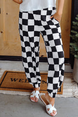 Black Checkerboard Elastic Waist Pocketed Joggers Pants & Culotte JT's Designer Fashion