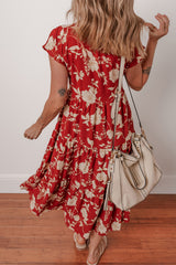 Red Floral Print Buttoned Front V Neck Tiered Short Sleeve Midi Dress Midi Dresses JT's Designer Fashion