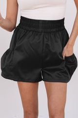 Black Elastic High Waist Pocketed Casual Shorts Black 100%Polyester Casual Shorts JT's Designer Fashion
