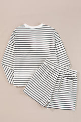Black white Stripes Printed Half Button Long Sleeve Top and Shorts Set Short Sets JT's Designer Fashion