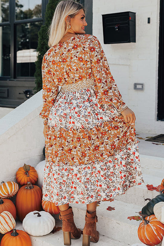 Khaki Floral Print Ruffled Tiered Long Sleeve V Neck Midi Dress Floral Dresses JT's Designer Fashion