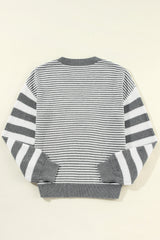 Gray Stripe Geometric Textured Drop Shoulder Sweater Sweaters JT's Designer Fashion