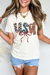 White usa Bow Letter Graphic Independence Day Fashion Tee Graphic Tees JT's Designer Fashion