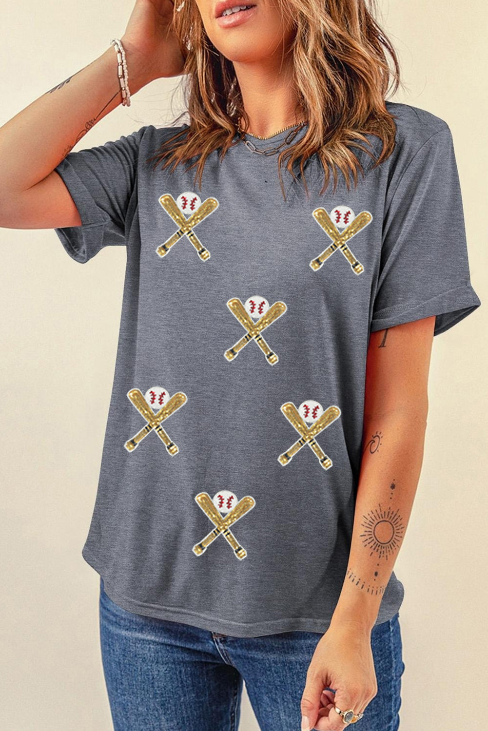 Gray Sequined Game Day Casual Tee Graphic Tees JT's Designer Fashion