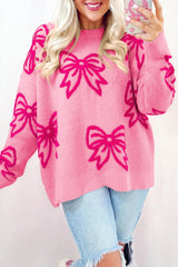 Pink Bow Pattern Drop Shoulder Loose Sweater Pink 65%Acrylic+35%Polyamide Sweaters JT's Designer Fashion