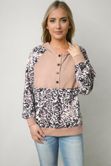 Leopard Print Buttoned Neckline Raglan Sleeve Hoodie Sweatshirts & Hoodies JT's Designer Fashion