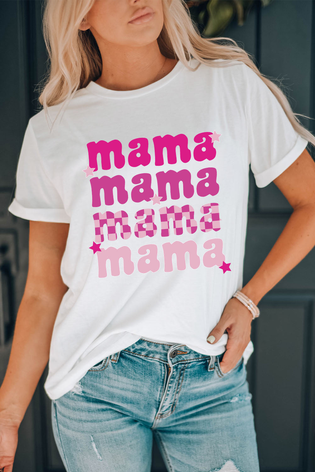 White Round Neck mama Graphic Casual Tee Graphic Tees JT's Designer Fashion