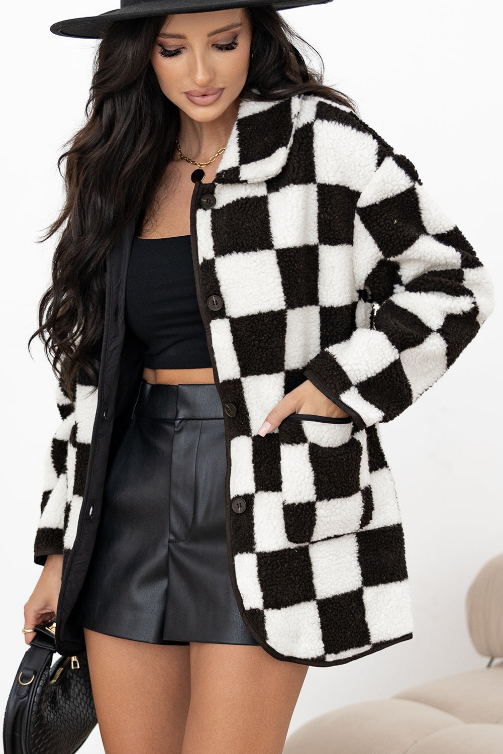 Black Checkered Side Pockets Collared Buttoned Fleece Jacket Jackets JT's Designer Fashion
