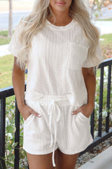 Jet Stream Textured Patched Pocket Short Sleeve Top Drawstring Shorts Set Short Sets JT's Designer Fashion