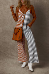 Yellow Stripe Two Tone Contrast Spaghetti Strap Backless Overall Jumpsuits & Rompers JT's Designer Fashion
