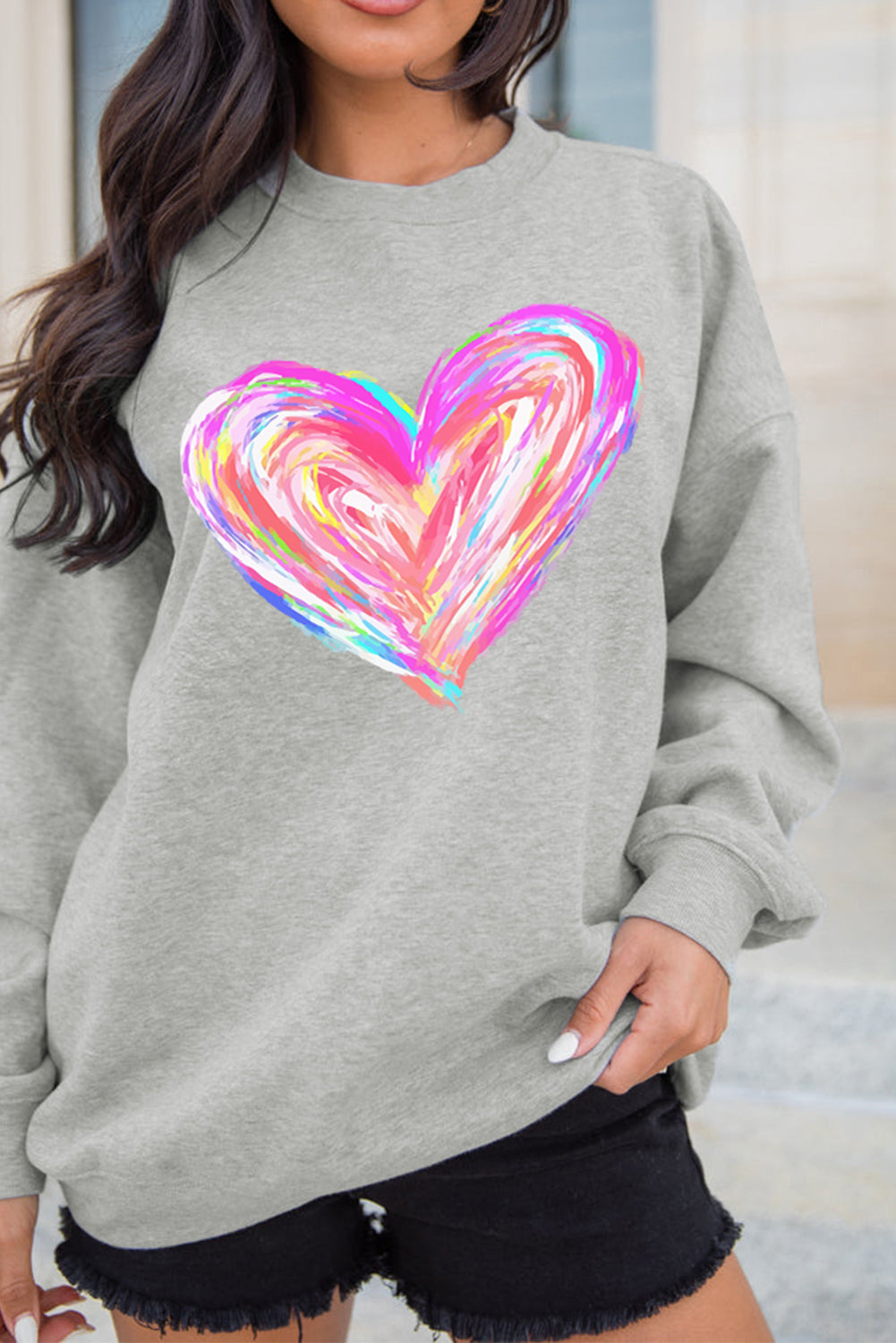 Gray Valentines Brushwork Heart Graphic Drop Shoulder Sweatshirt Gray 50%Polyester+50%Cotton Graphic Sweatshirts JT's Designer Fashion