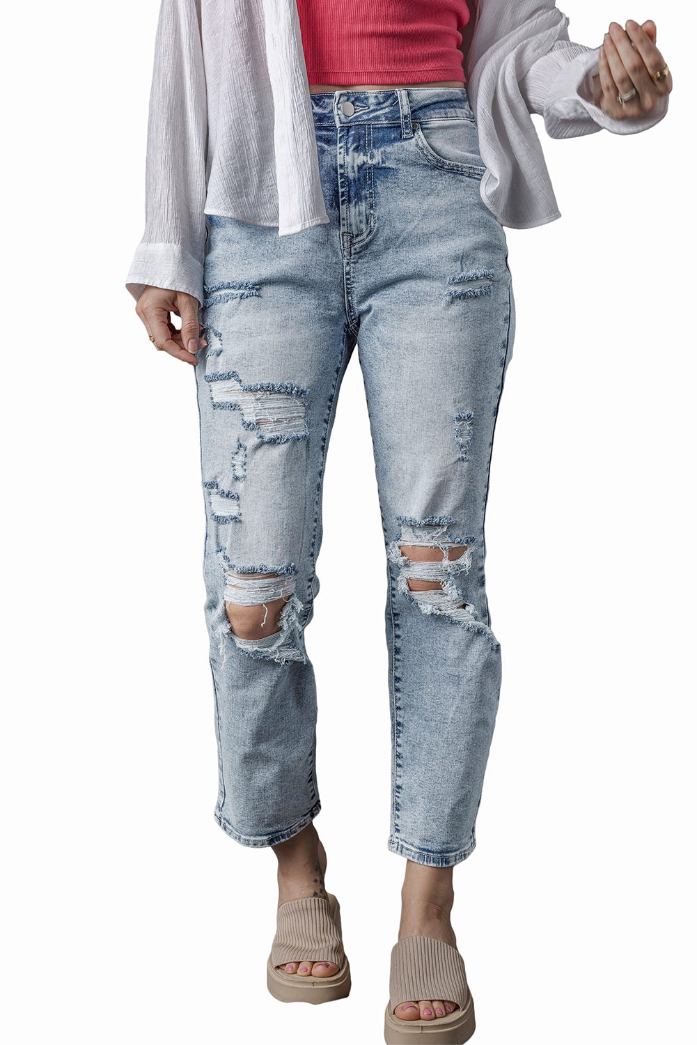 Sky Blue Light Wash Frayed Slim Fit High Waist Jeans Jeans JT's Designer Fashion