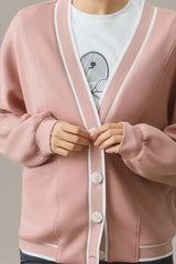 Pink Stripe Contrast Trim V Neck Buttoned Front Pocketed Knit Cardigan Cardigans JT's Designer Fashion