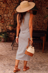 White Stripe Sleeveless Button Front Midi Dress Dresses JT's Designer Fashion