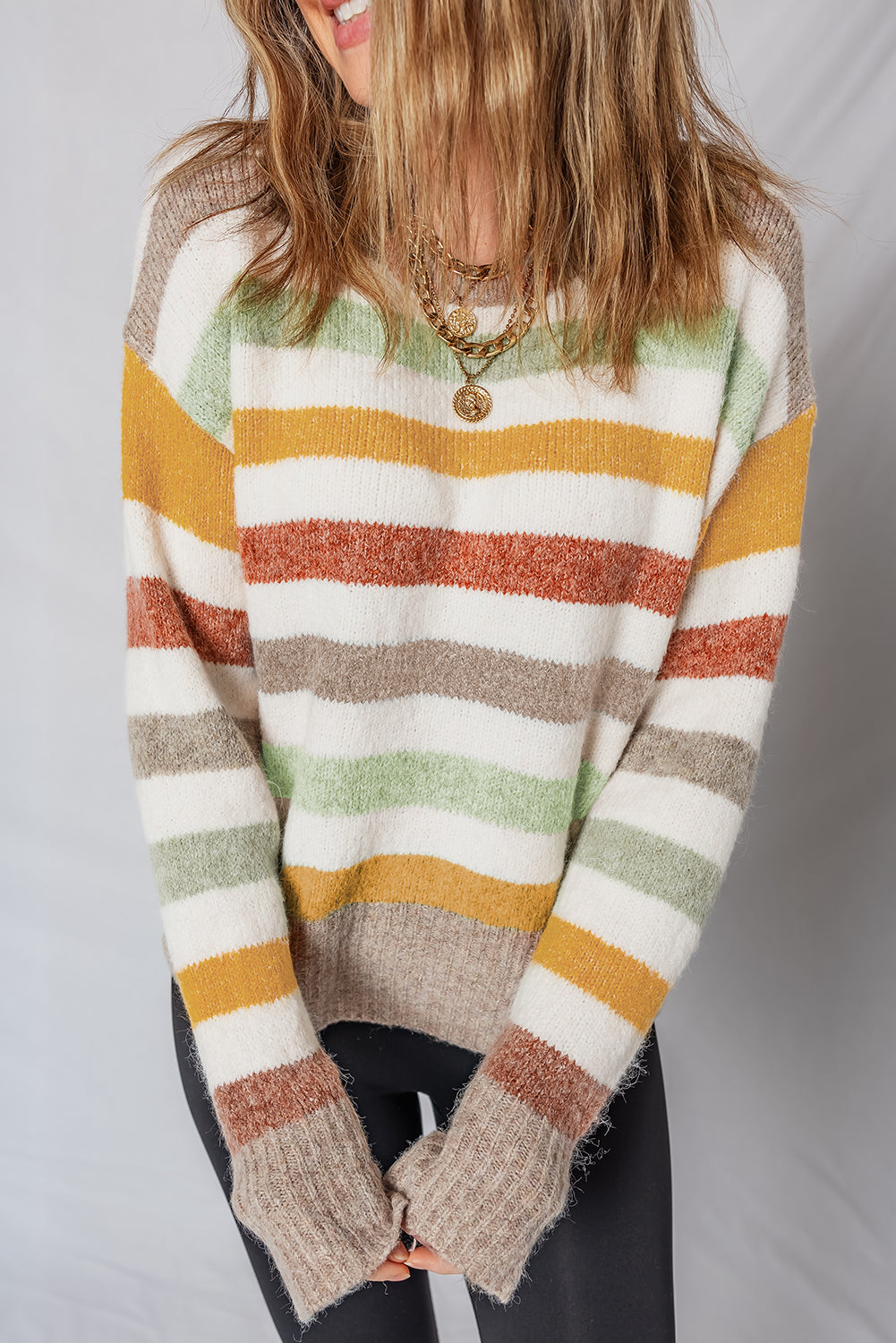 Multicolour Stripe Drop Shoulder Crew Neck Sweater Sweaters JT's Designer Fashion