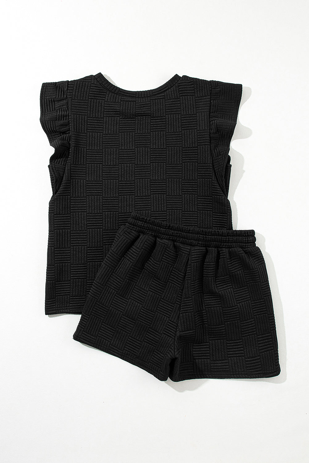 Black Textured Ruffled Sleeve Tee and Drawstring Elastic Waistband Shorts Set Short Sets JT's Designer Fashion