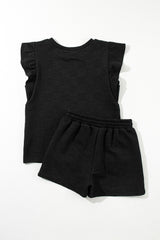 Black Textured Ruffled Sleeve Tee and Drawstring Elastic Waistband Shorts Set Short Sets JT's Designer Fashion