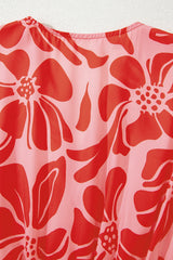 Red Boho Floral Short Sleeve V Neck Buttoned Shirred Waist Long Dress Floral Dresses JT's Designer Fashion