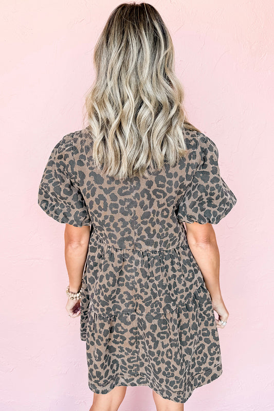 Brown Denim Leopard Printed Short Puff Sleeve Mini Dress Mini Dresses JT's Designer Fashion