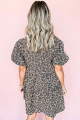 Brown Denim Leopard Printed Short Puff Sleeve Mini Dress Mini Dresses JT's Designer Fashion