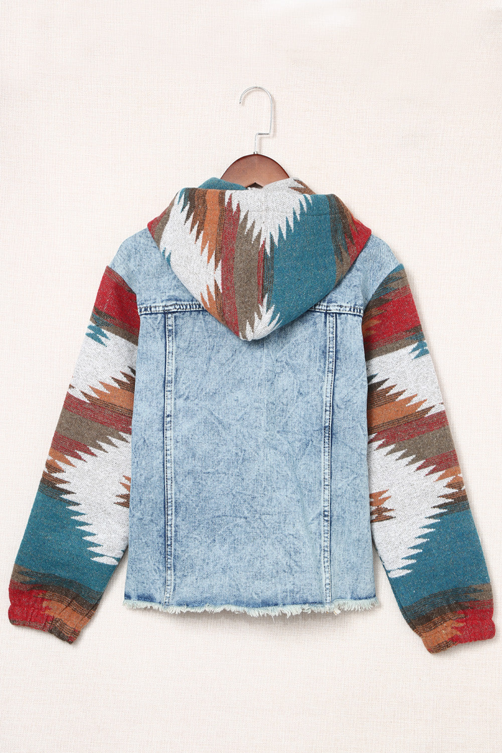 Multicolor Aztec Print Frayed Hem Denim Jacket Denim Jackets JT's Designer Fashion