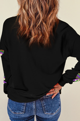 Black Sequin Mardi Gras Bow Graphic Drop Shoulder Pullover Sweatshirt Graphic Sweatshirts JT's Designer Fashion