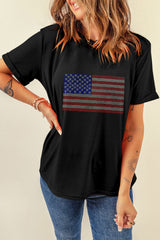 Black Rhinestone American Flag Round Neck Casual Tee Graphic Tees JT's Designer Fashion