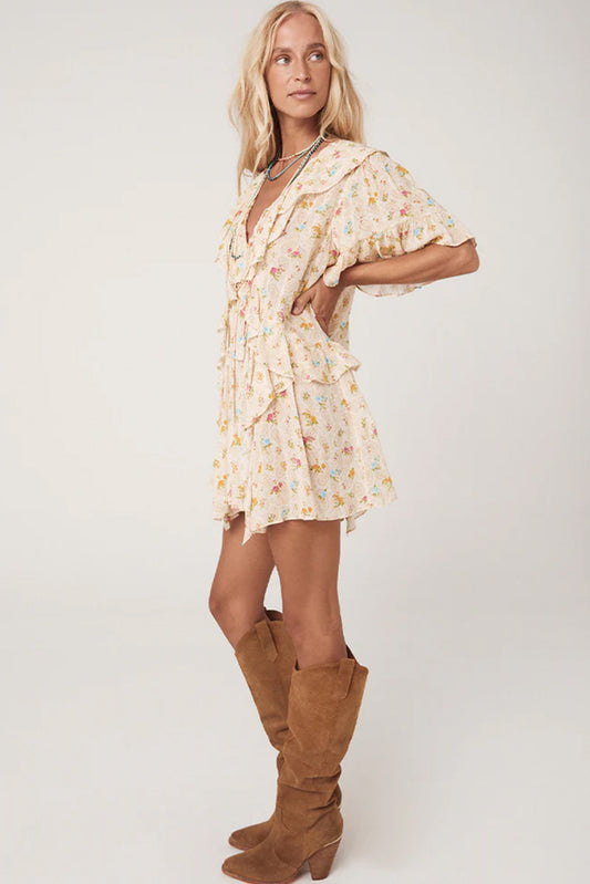 Apricot Boho Floral Tassel Tie V Neck Ruffle Wide Sleeve Mini Dress Floral Dresses JT's Designer Fashion