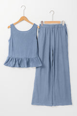 Beau Blue Solid Color Ribbed Ruffle Tank Top and Pants Set Pant Sets JT's Designer Fashion