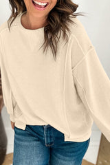 Beige Splicing Round Neck Pullover Sweatshirt Sweatshirts & Hoodies JT's Designer Fashion